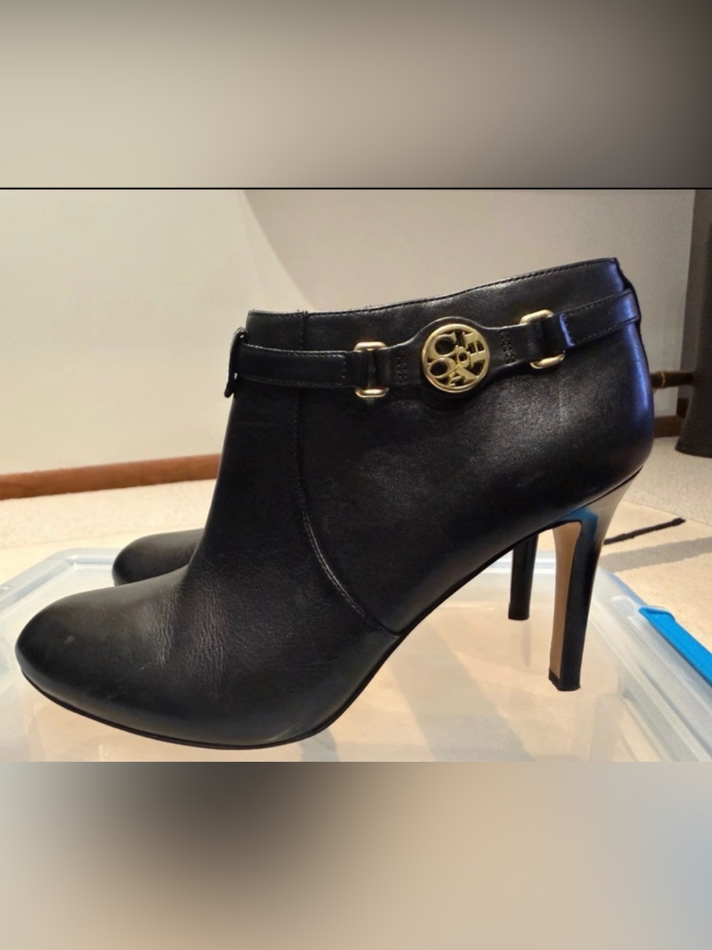 Coach Black Leather Ankle Booties with Gold Logo Strap